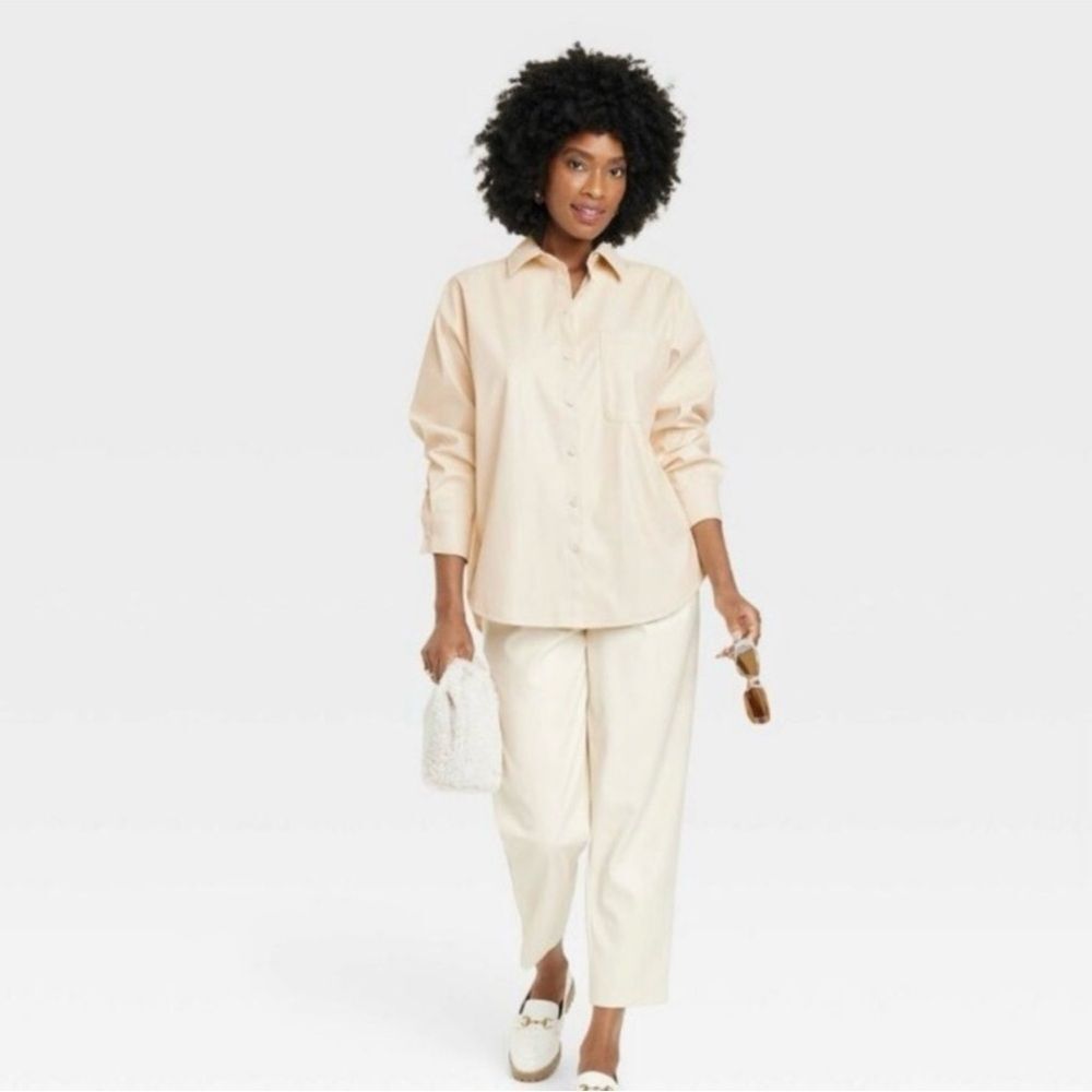NWT A New Day Faux Leather Cream Button-Up Shirt Size Large